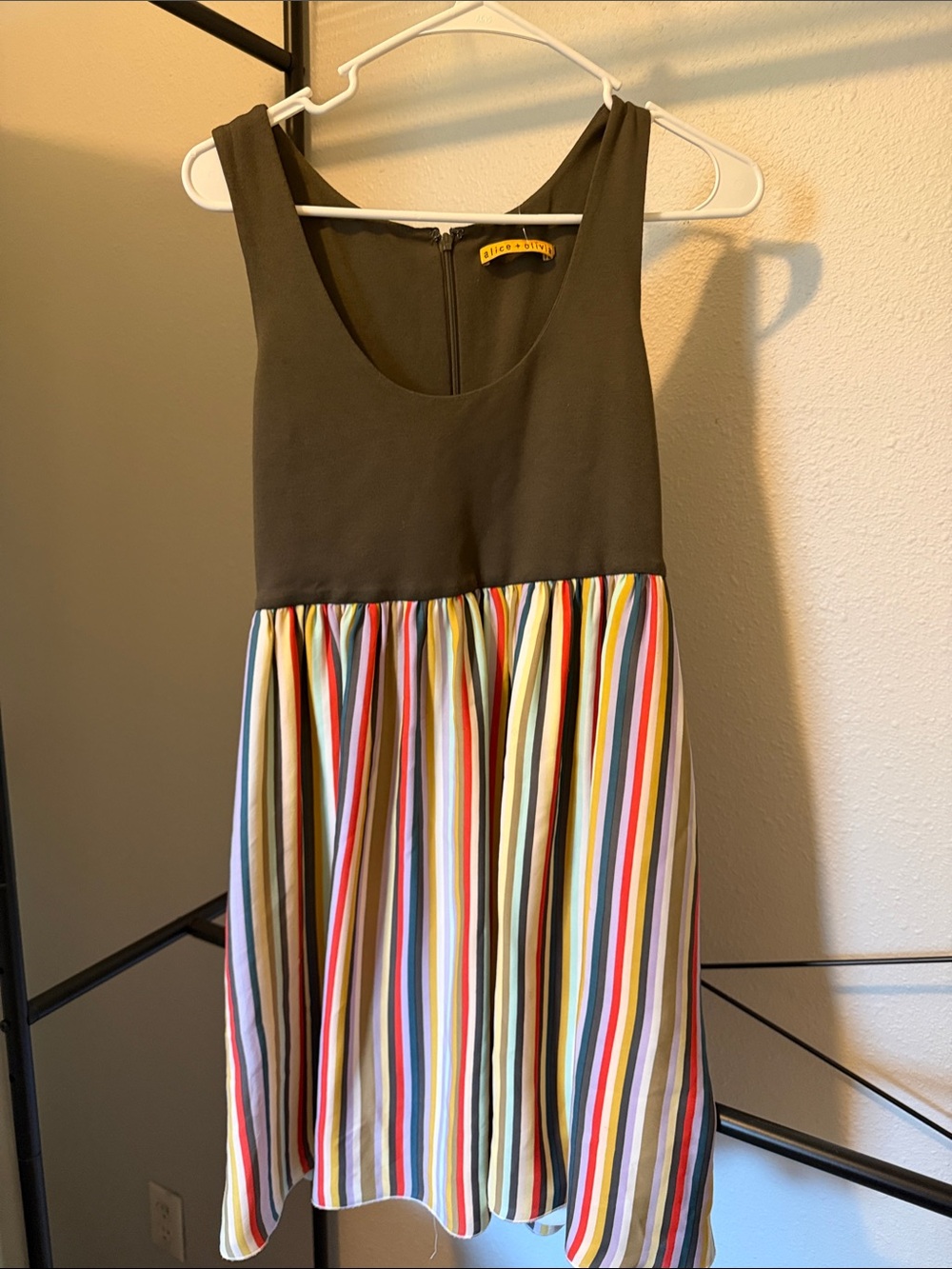 Alice + Olivia Olive Bodice with Multicolor Striped Skirt Dress